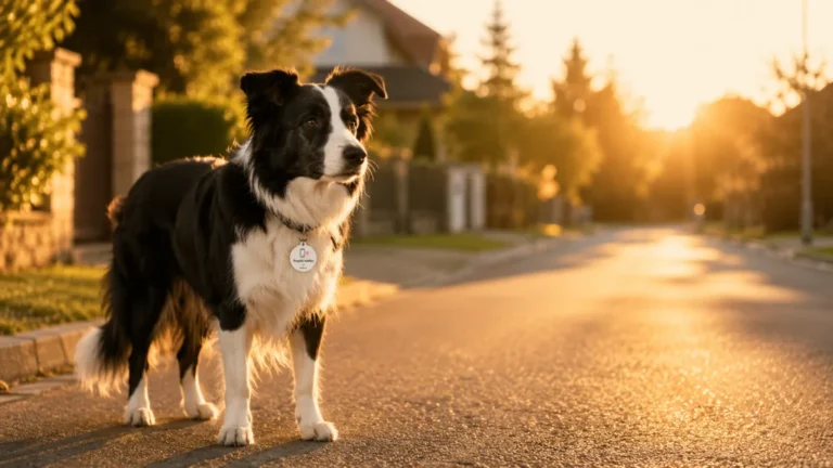 Border collie z zawieszką PupiLink sam na ulicy o zachodzie słońca