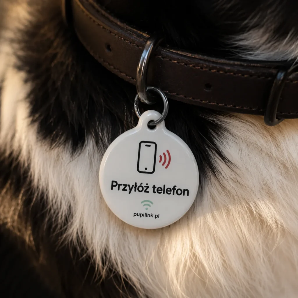 Zbliżenie zawieszki NFC PupiLink na skórzanej obroży psa