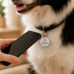 Telefon przyłożony do zawieszki NFC PupiLink na obroży psa