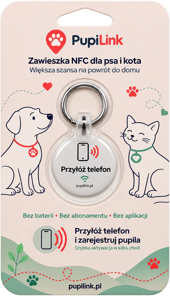 Opakowanie zawieszki PupiLink, przód, z zawieszką w blistrze