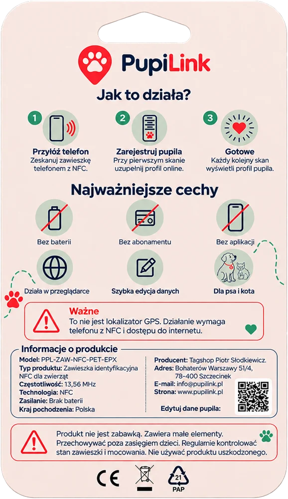 Opakowanie zawieszki PupiLink, tył z instrukcją